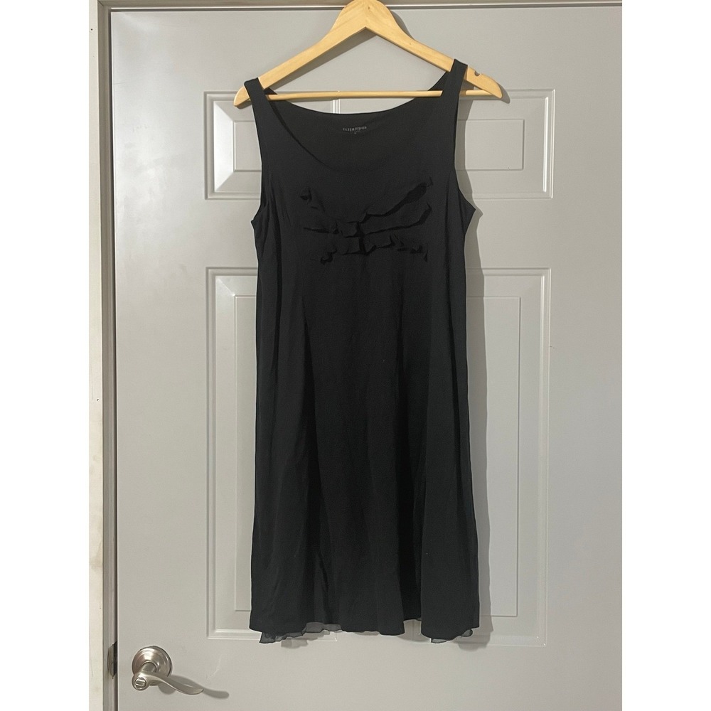 Eileen Fisher Silk Cotton Dress Womens S Black‎ Good Ruffle Sleeveless Shift